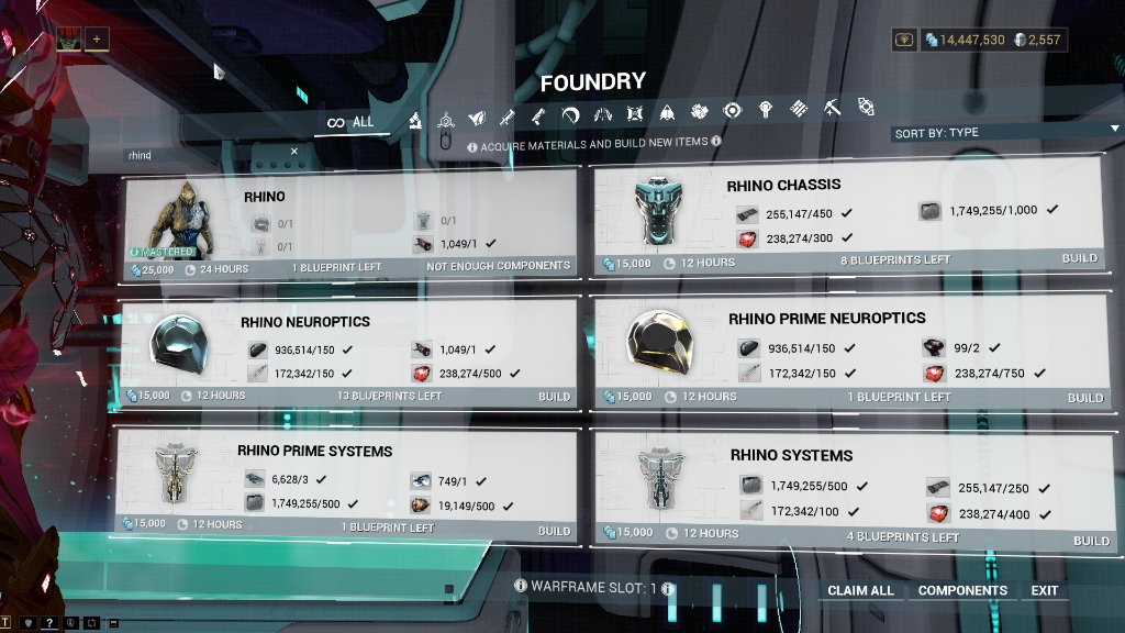 Warframe Foundry filtered to Rhino. The parent Rhino card lists only its three components as 0/1 plus Neurodes; each component card carries its own separate material requirement.