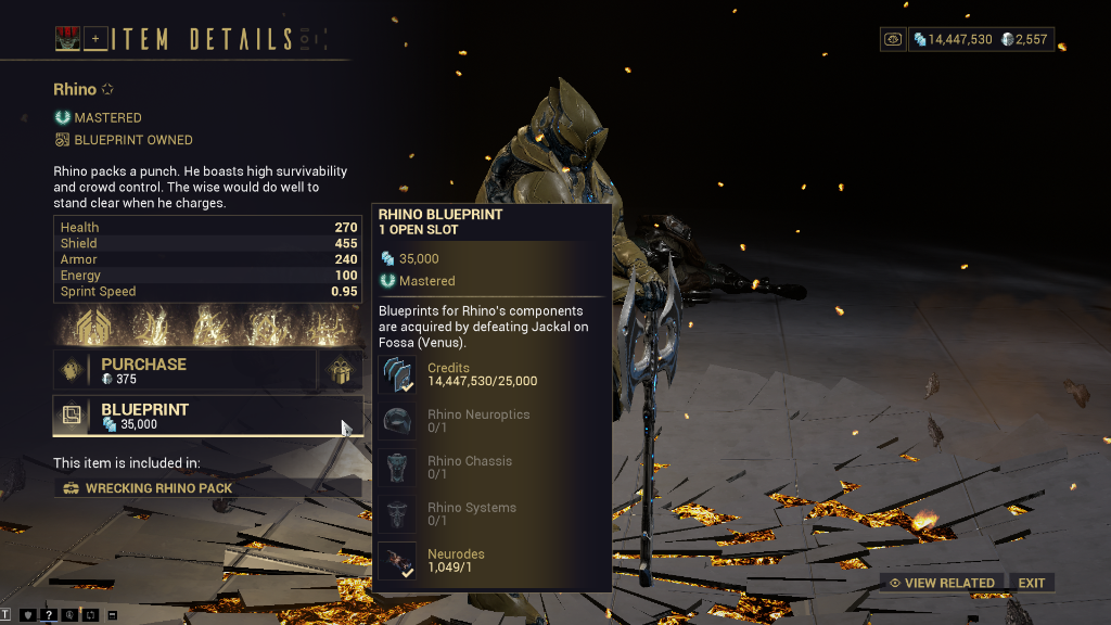 Warframe market item details for the Rhino blueprint. The requirement panel names where components drop and lists them 0/1, with no material cost for any of them.