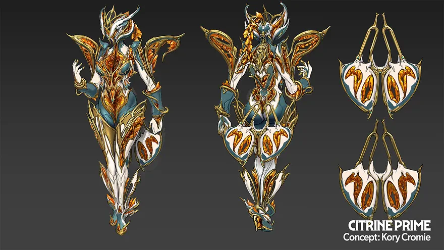 Citrine Prime concept art, front and back views with detail callouts, by Kory Cromie
