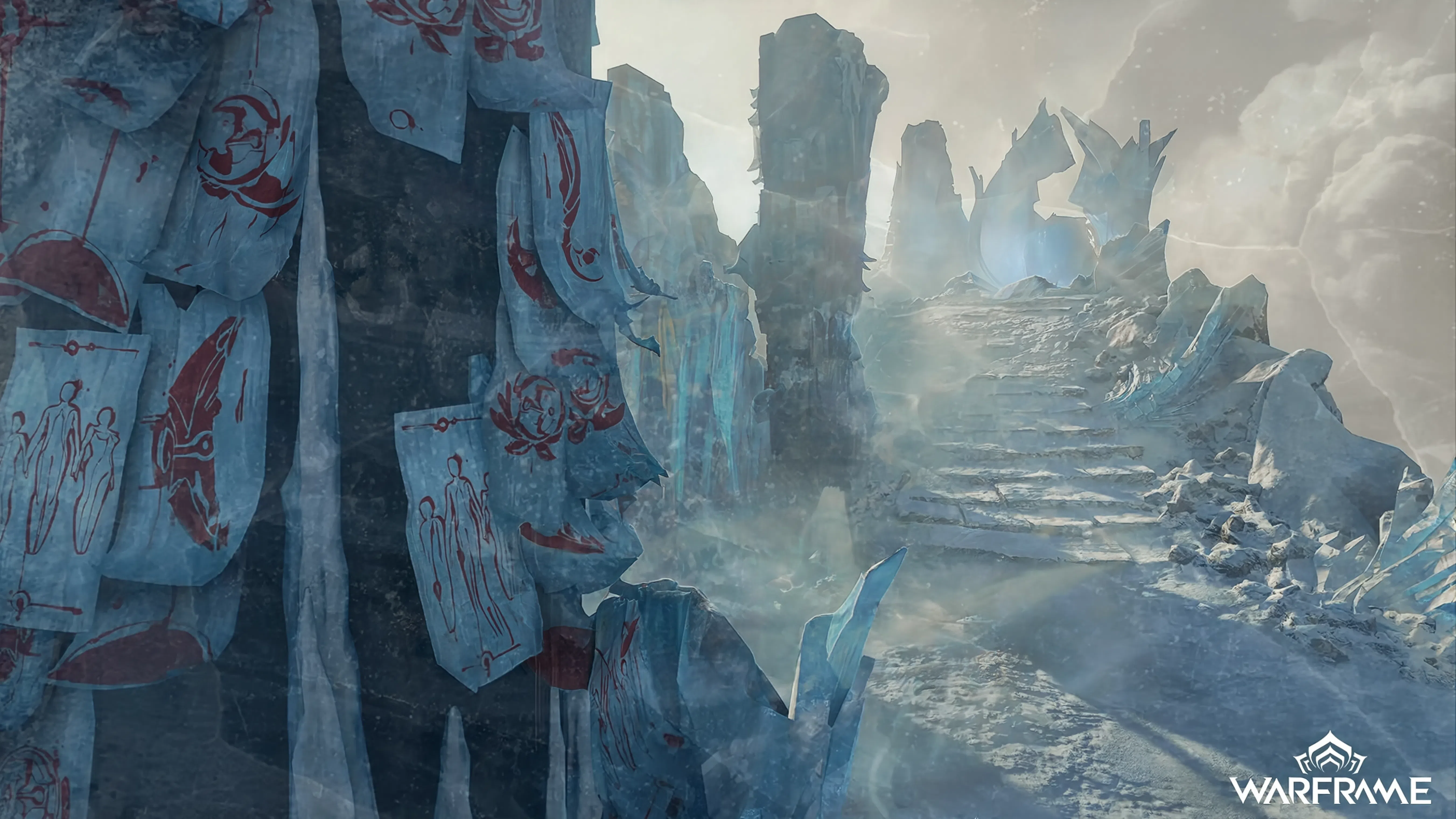 Iceblade of Narin: an icy fortress stairway with red-marked banners, from the update's reveal art