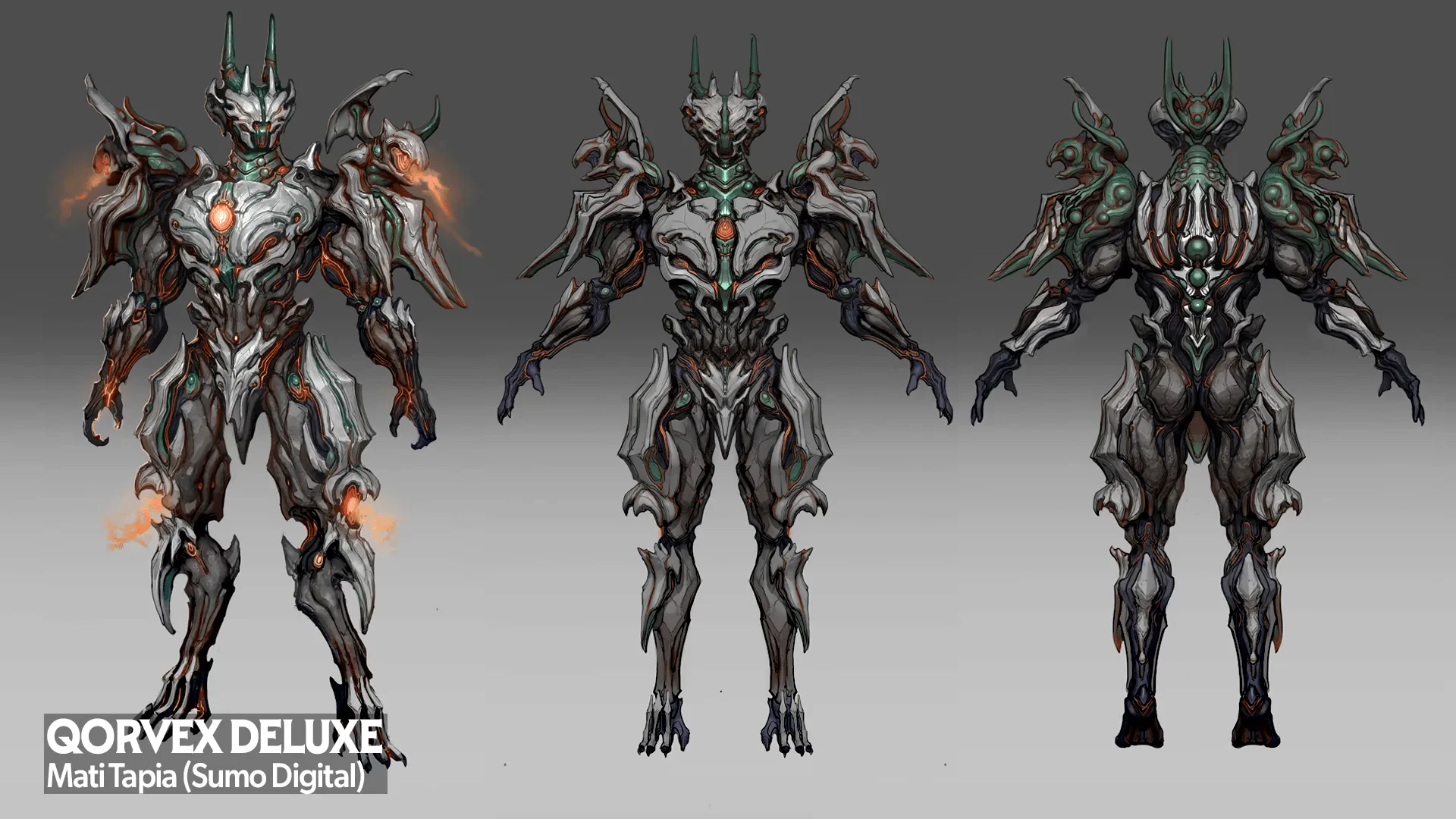 Qorvex Deluxe skin concept sheet, three views, by Mati Tapia of Sumo Digital